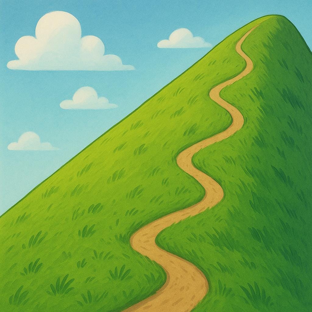 A cross-section view of a very steep, grassy green hill, clearly illustrating a strong upward incline.