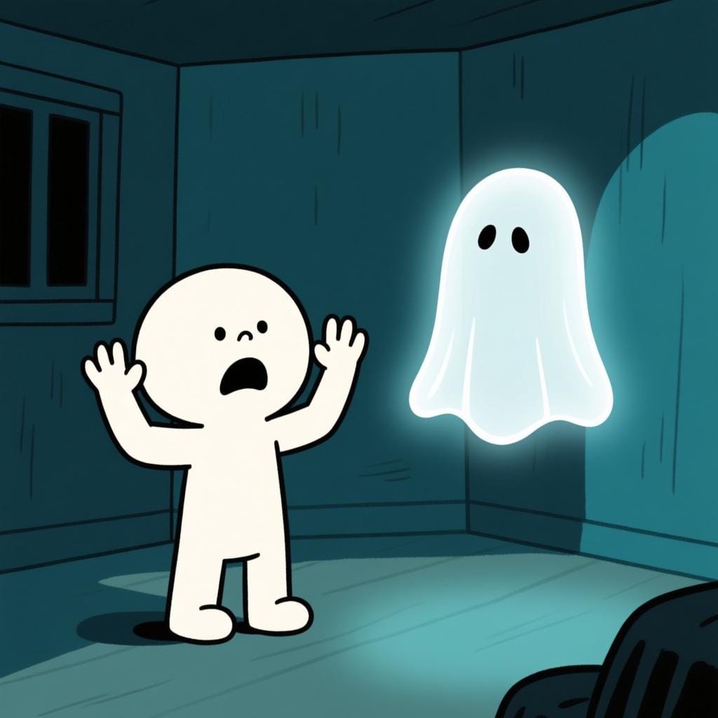 Eine kleine Comicfigur sieht verängstigt aus, während ein kleiner, harmloser Geist in ihrer Nähe schwebt.