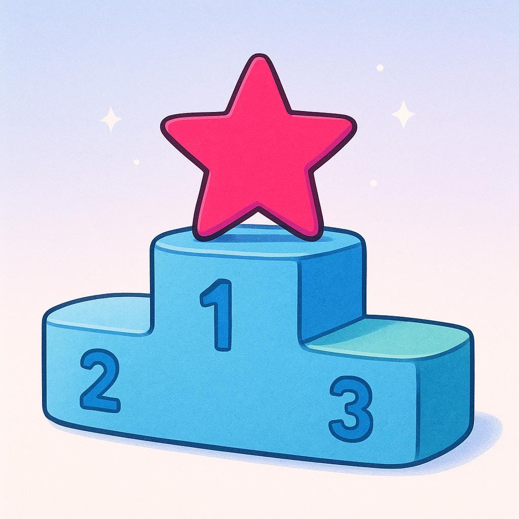 A brightly colored, three-tiered winner's podium with a gold star placed on the highest step, symbolizing the number one position.