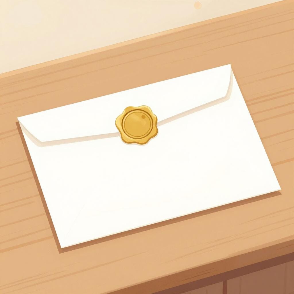Ein formeller Einladungsbrief mit einem goldenen Siegel liegt auf einem Holztisch.