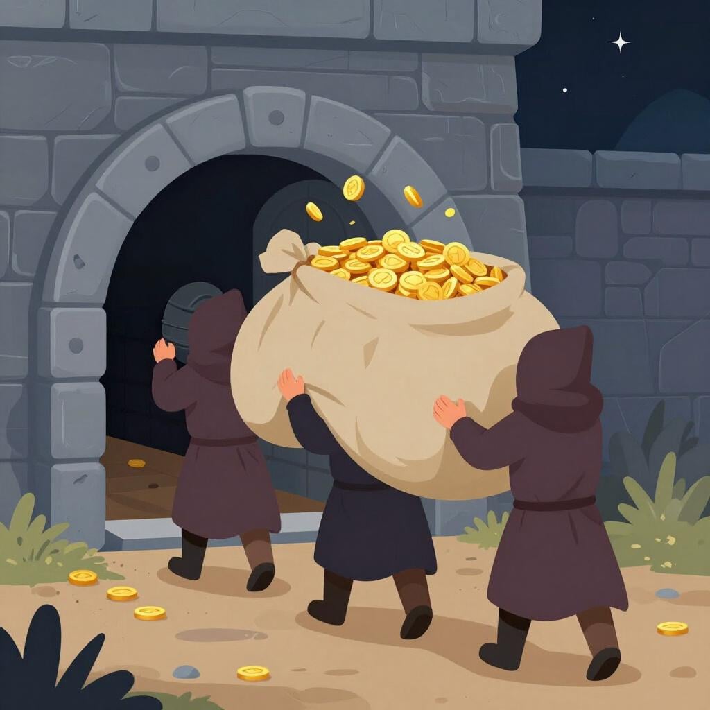 A group of shadowy figures carrying away a large bag of gold coins from a stone building.