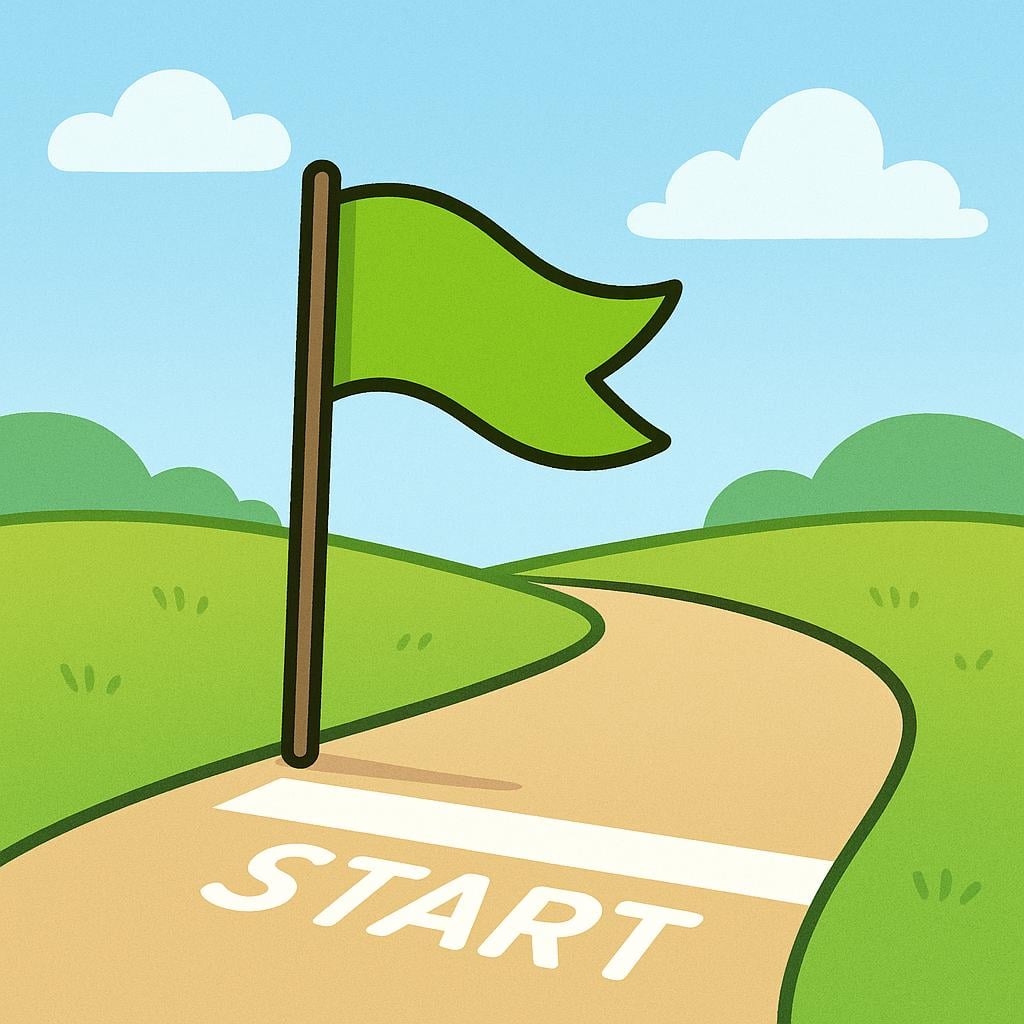 A green flag being waved down next to a white starting line on a dirt track, symbolizing the start of an event.