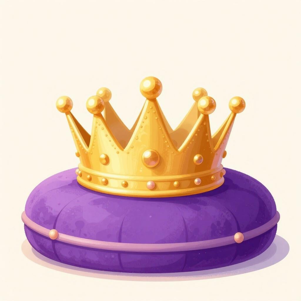 A shiny gold crown resting on a plush purple silk pillow.