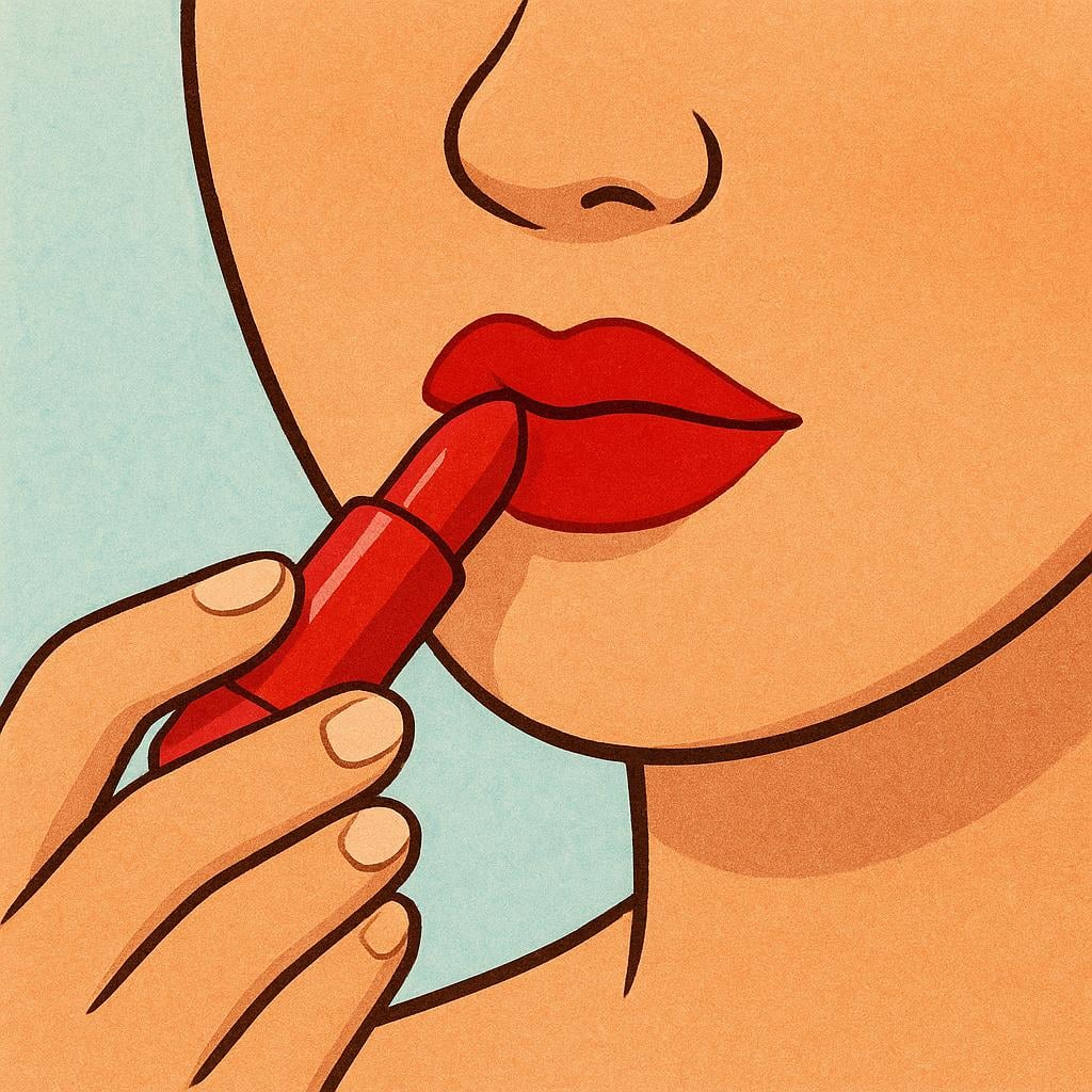 A hand holding a red lipstick tube applying the color directly onto a person's lips.