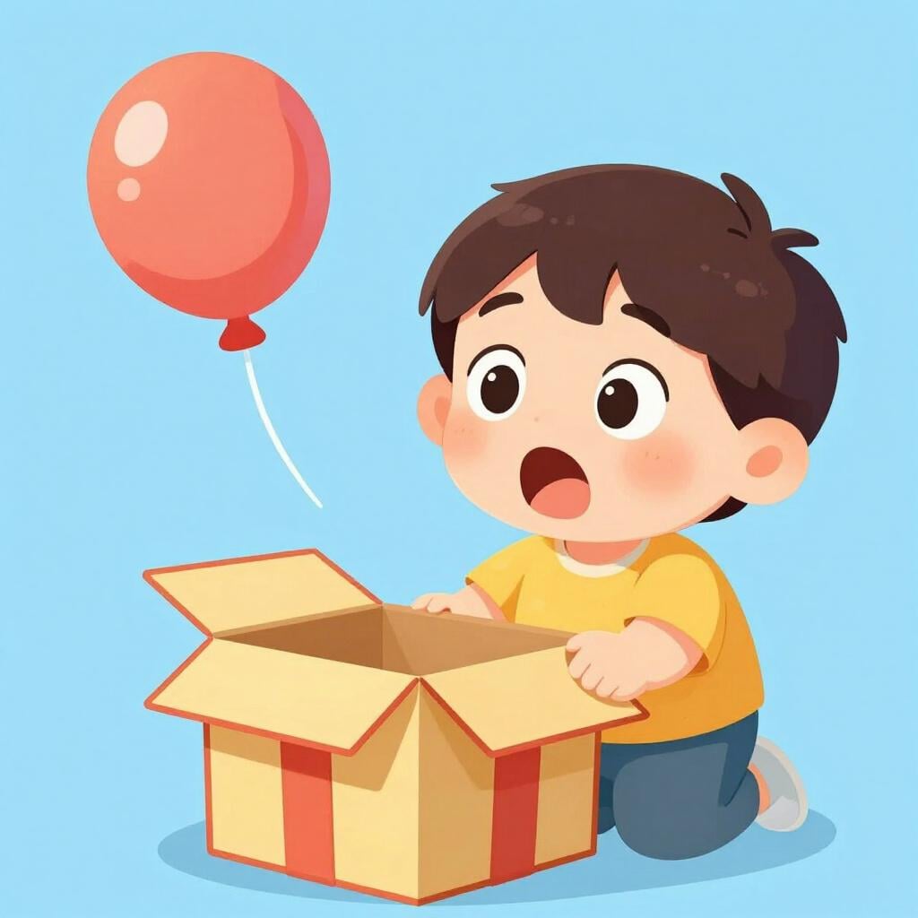 A child with wide eyes and an open mouth looking at a large colorful gift box with a balloon popping out.