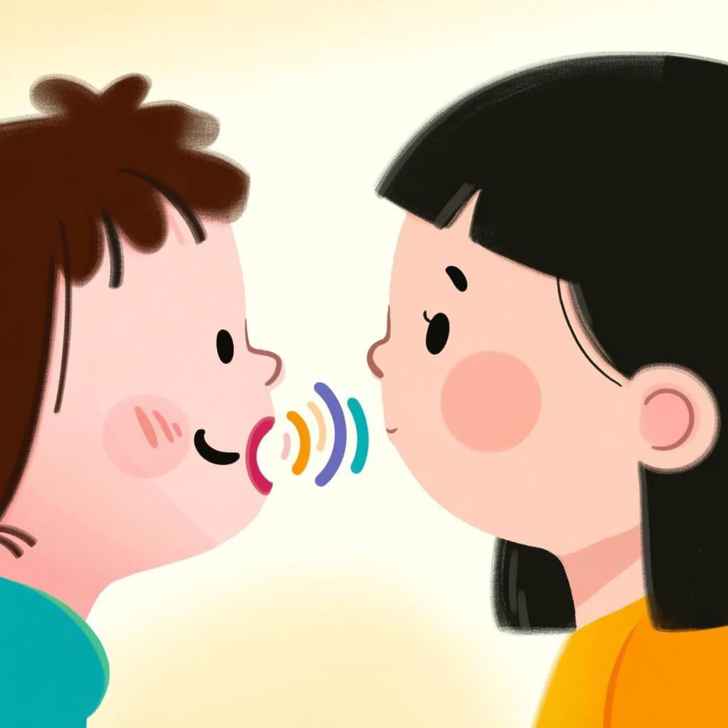 A simple storybook illustration showing one character leaning in and whispering a secret directly into the ear of another character, symbolizing communication directed 'to you'.