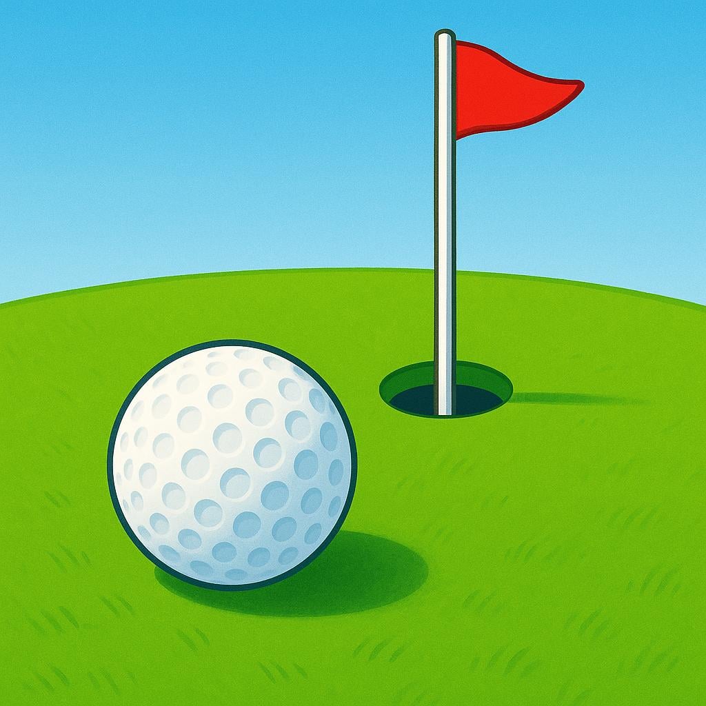A white golf ball sits on a smooth green putting surface near a hole marked by a flagstick.