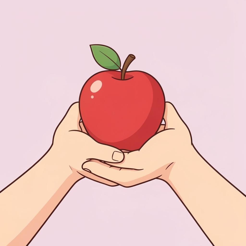 A friendly person holding out a bright red apple in their open hand as a gift.