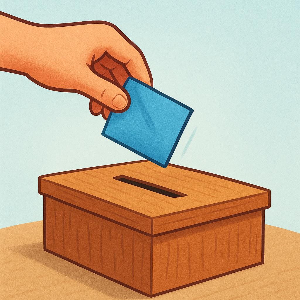 A colorful storybook illustration showing a hand dropping a folded blue piece of paper into a simple wooden ballot box with a slit on top, representing the exercise of a right or duty.