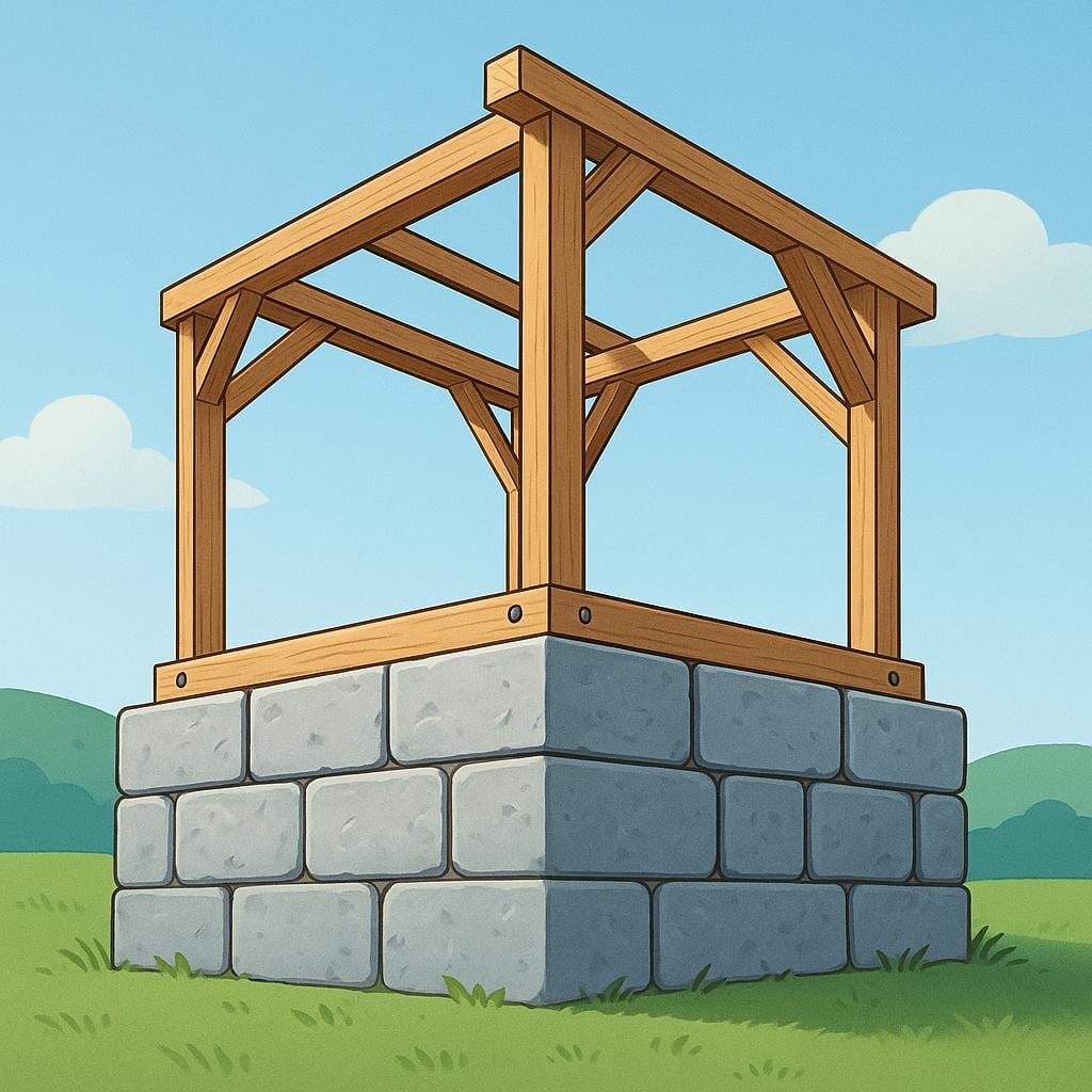 A sturdy, wide stone foundation supporting the corners of a small, simple wooden house frame, illustrating underlying structure.