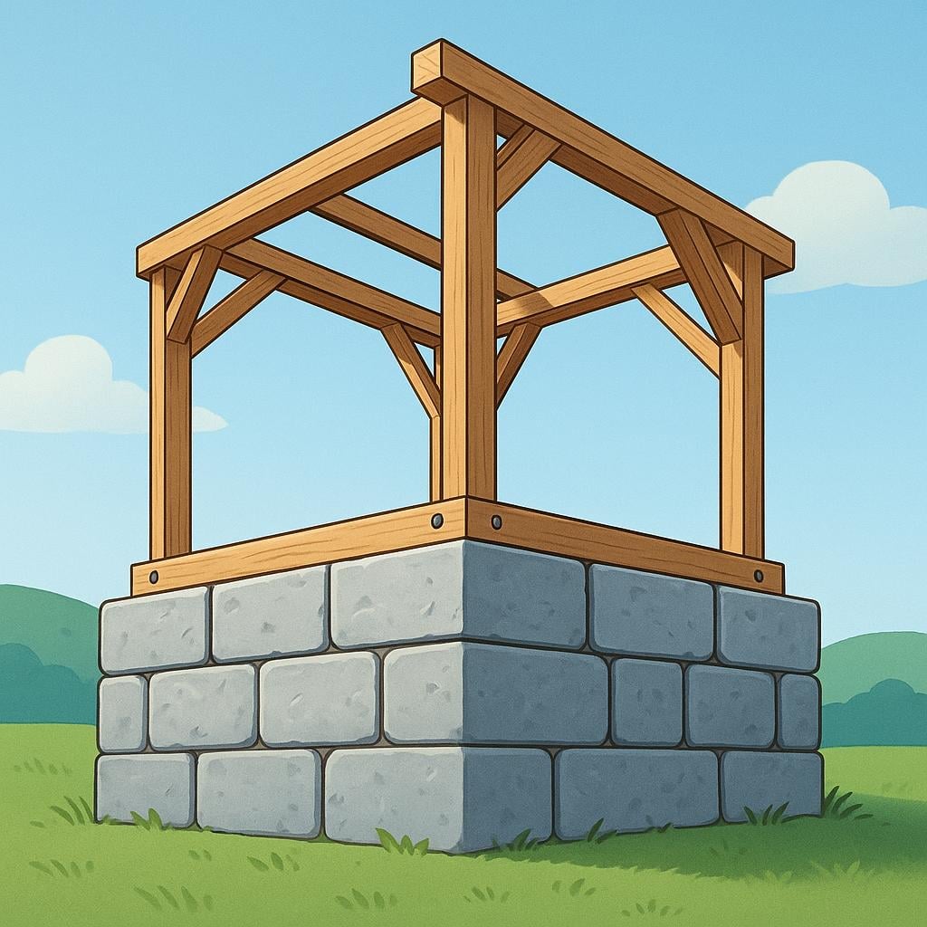 A sturdy, wide stone foundation supporting the corners of a small, simple wooden house frame, illustrating underlying structure.