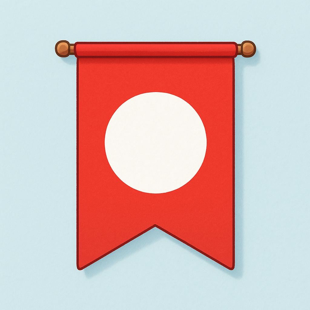 A simple, stylized red flag banner hanging down, featuring a prominent, centered white circle.
