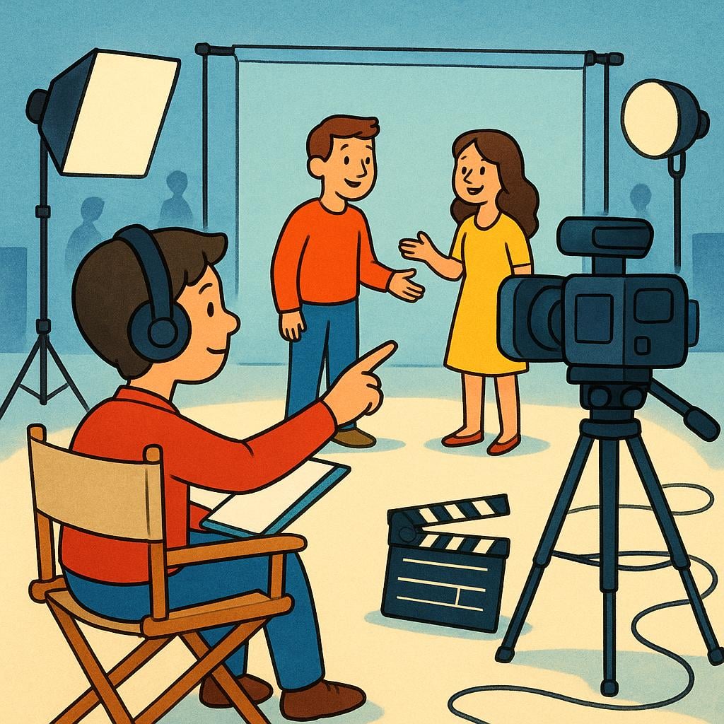 A person sitting in a director's chair, holding a script and clipboard, overseeing a simplified film set where a large camera is pointing at two actors.