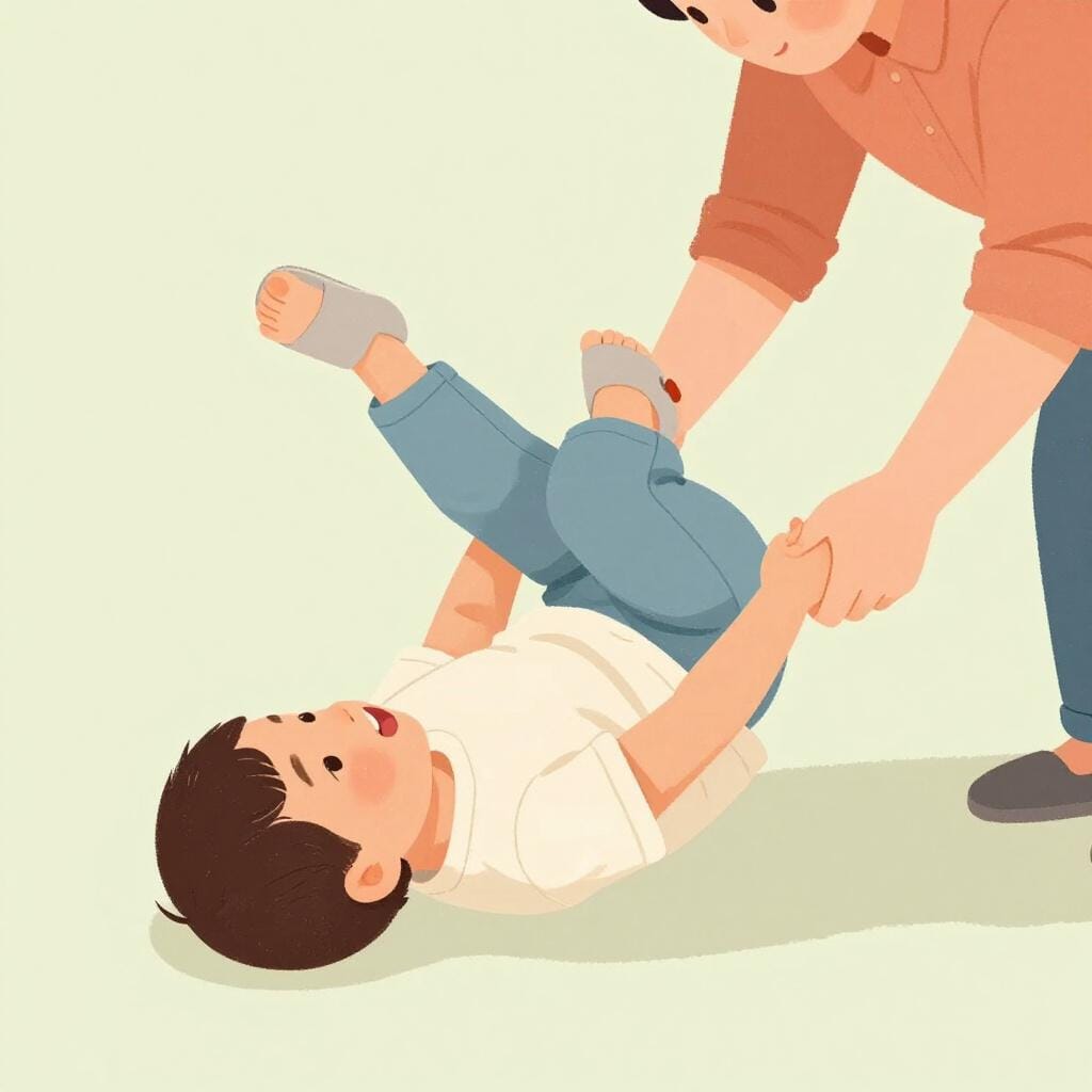 A young child leaning back with eyes closed, falling into the waiting arms of a smiling parent.