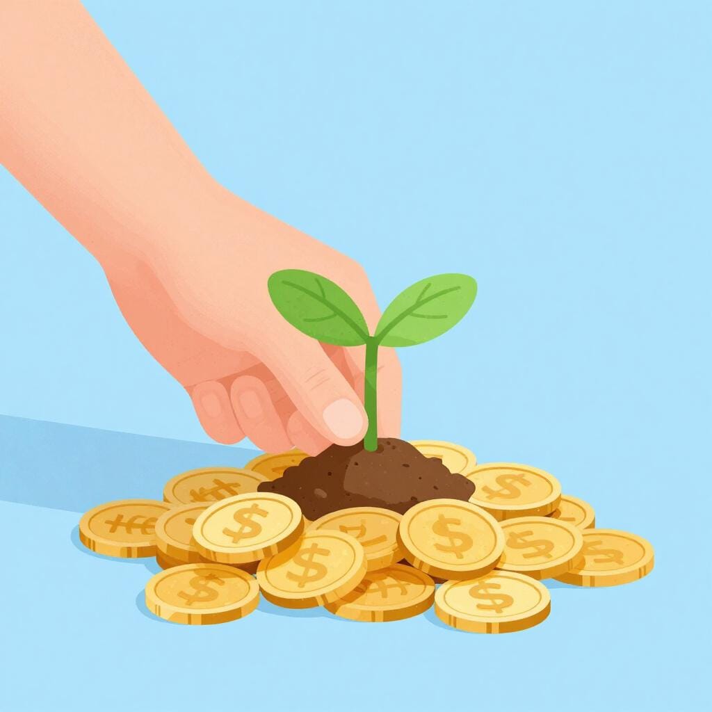 A person planting a small green sprout into a pile of gold coins.