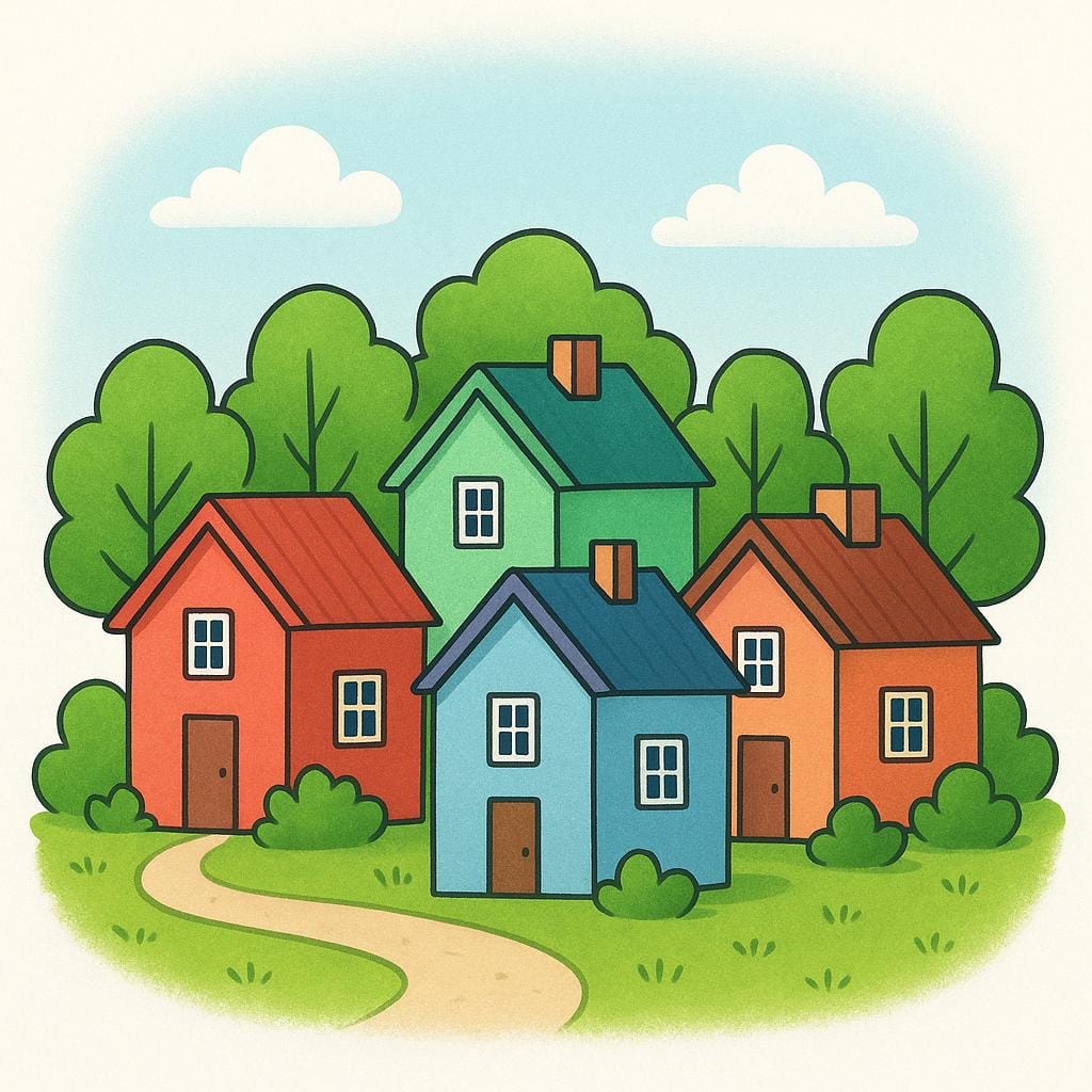 A cluster of five small, simple houses with pitched roofs nestled together in a rural landscape, representing a village.