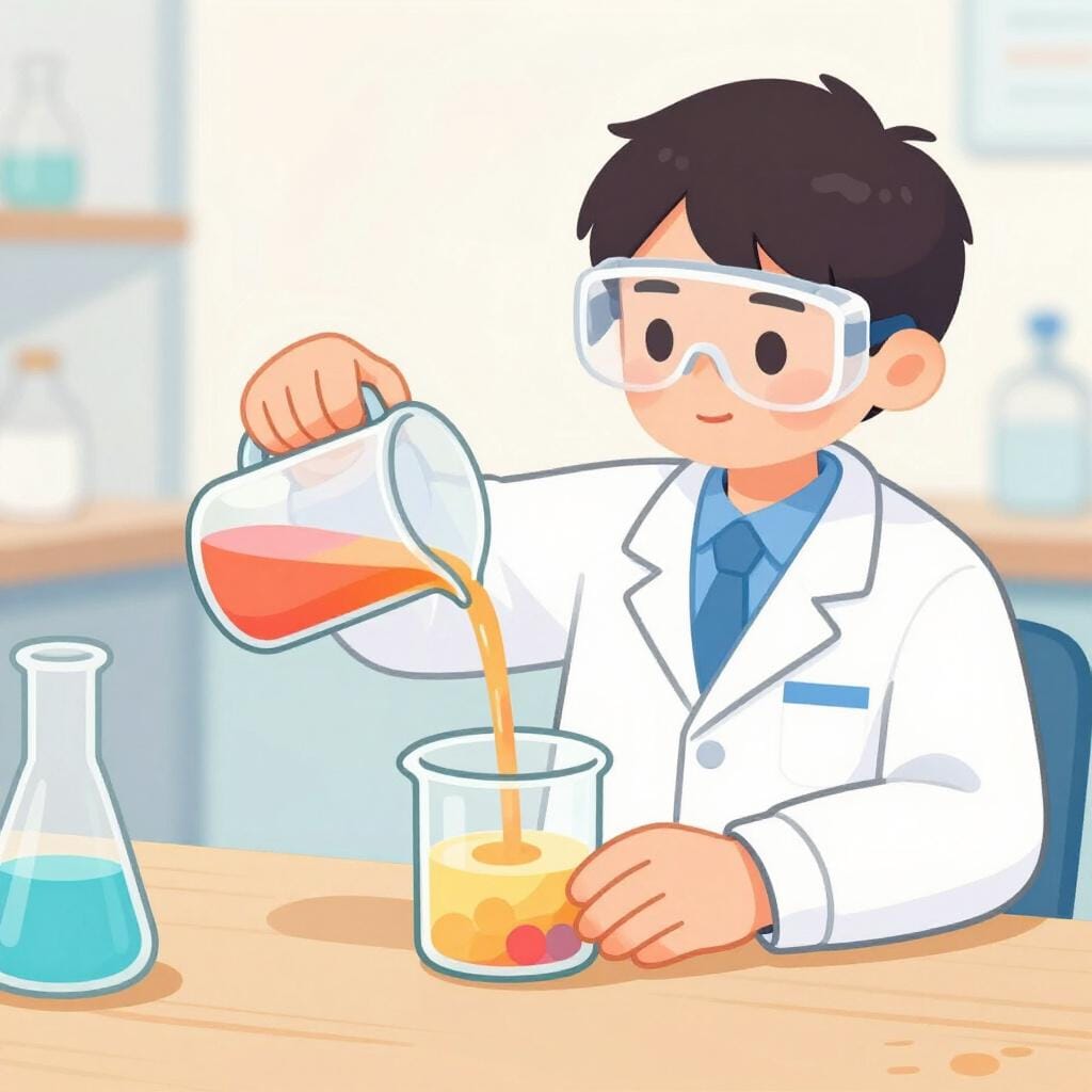 白衣を着た科学者が、試験管からビーカーに青い液体を慎重に注いでいる。