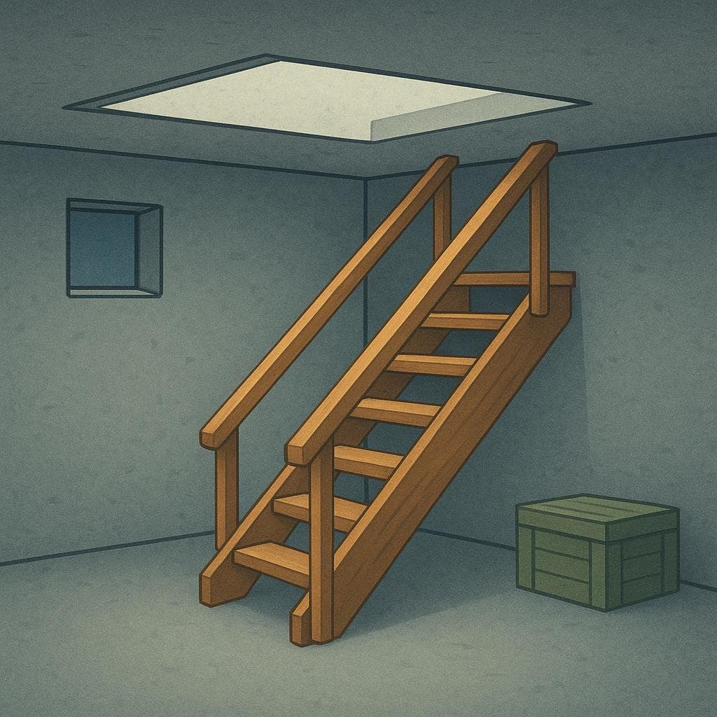 Une illustration simple d'une pièce de sous-sol faiblement éclairée et peu meublée avec des murs en béton gris et un escalier en bois descendant.