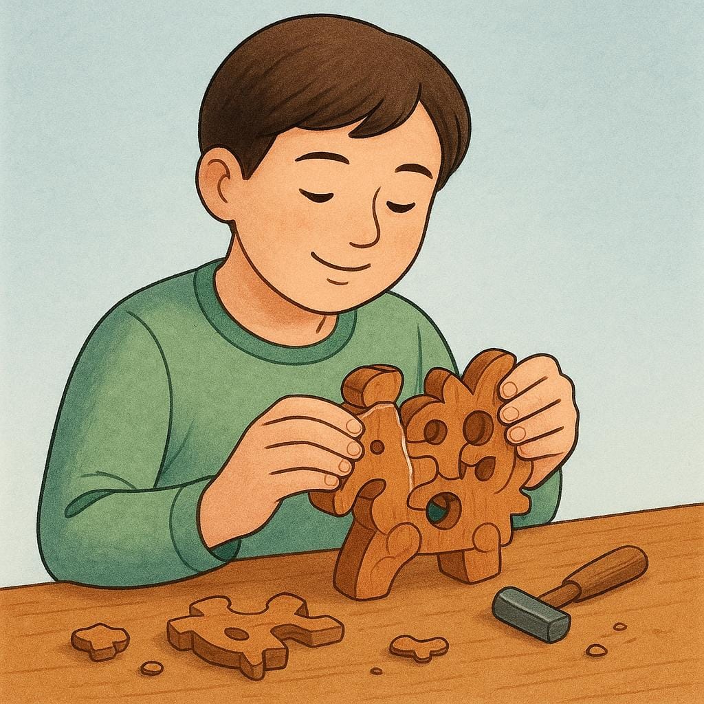 Een kinderboekillustratie van iemand die succesvol een gebroken houten speelgoed repareert door het laatste stukje te plaatsen, wat het verhelpen van een probleem voorstelt.