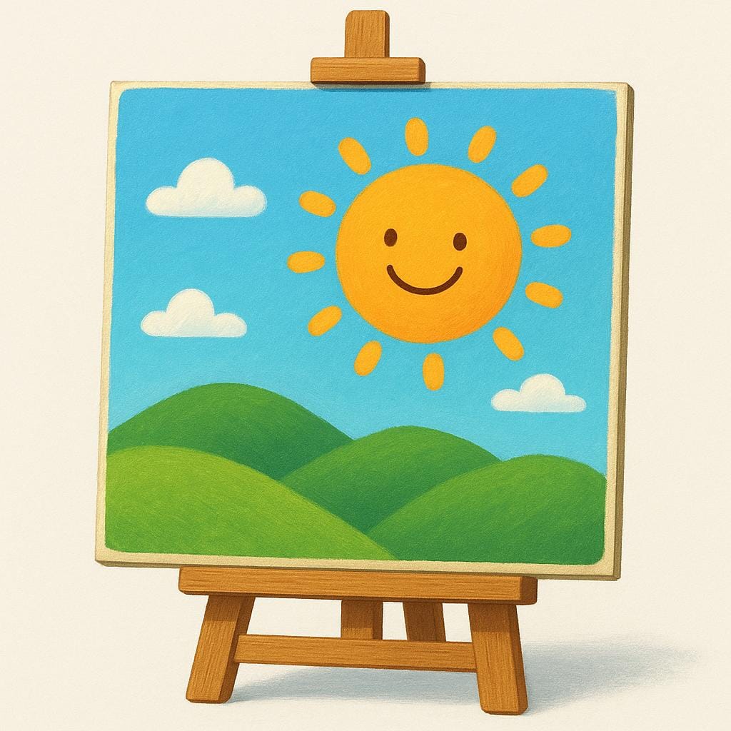 A vibrant, colorful painting of a smiling sun and green hills sits finished on a wooden easel, representing a completed work of art.