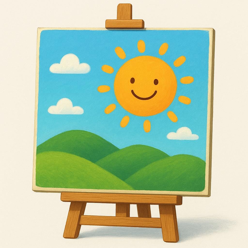 A vibrant, colorful painting of a smiling sun and green hills sits finished on a wooden easel, representing a completed work of art.