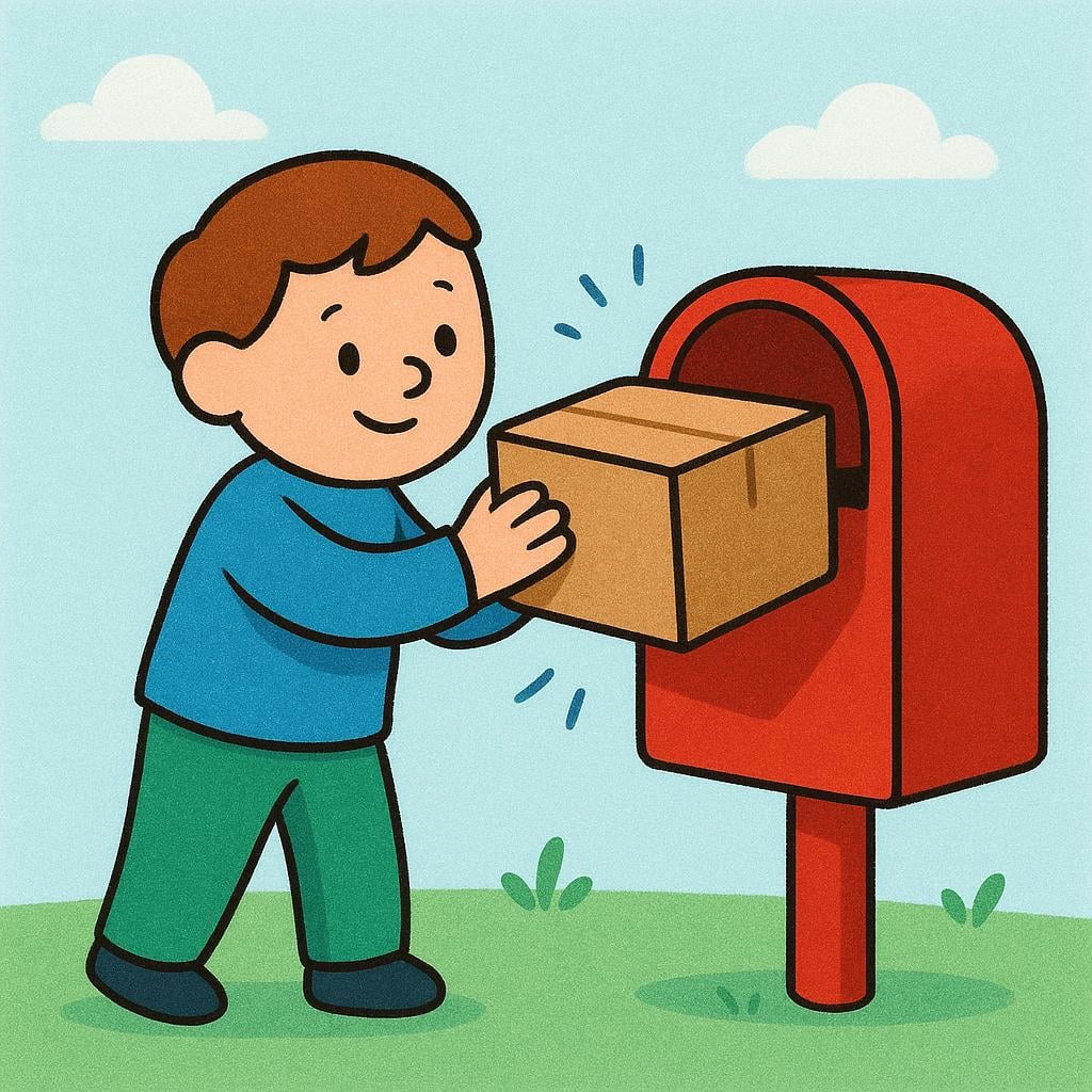 A character dropping a small brown package into the slot of a large, bright red mailbox.