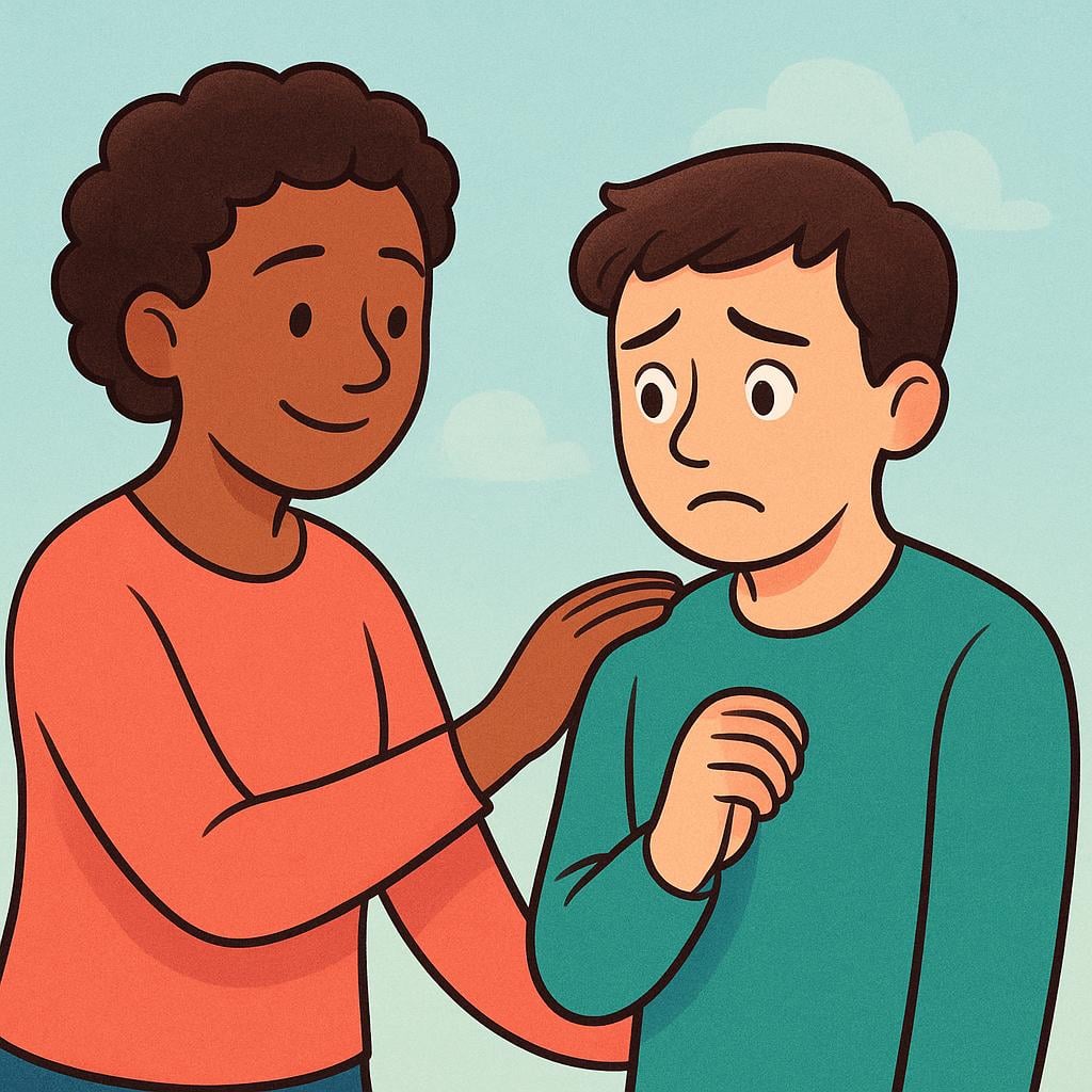 A kind person gently placing a reassuring hand on the shoulder of a second person who looks visibly worried or stressed.