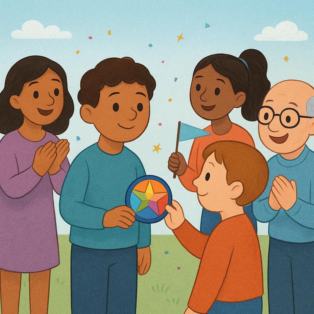 Un gruppo amichevole di personaggi dei cartoni animati che accoglie un nuovo membro presentandogli un distintivo colorato e distintivo, a simboleggiare l'iniziazione.