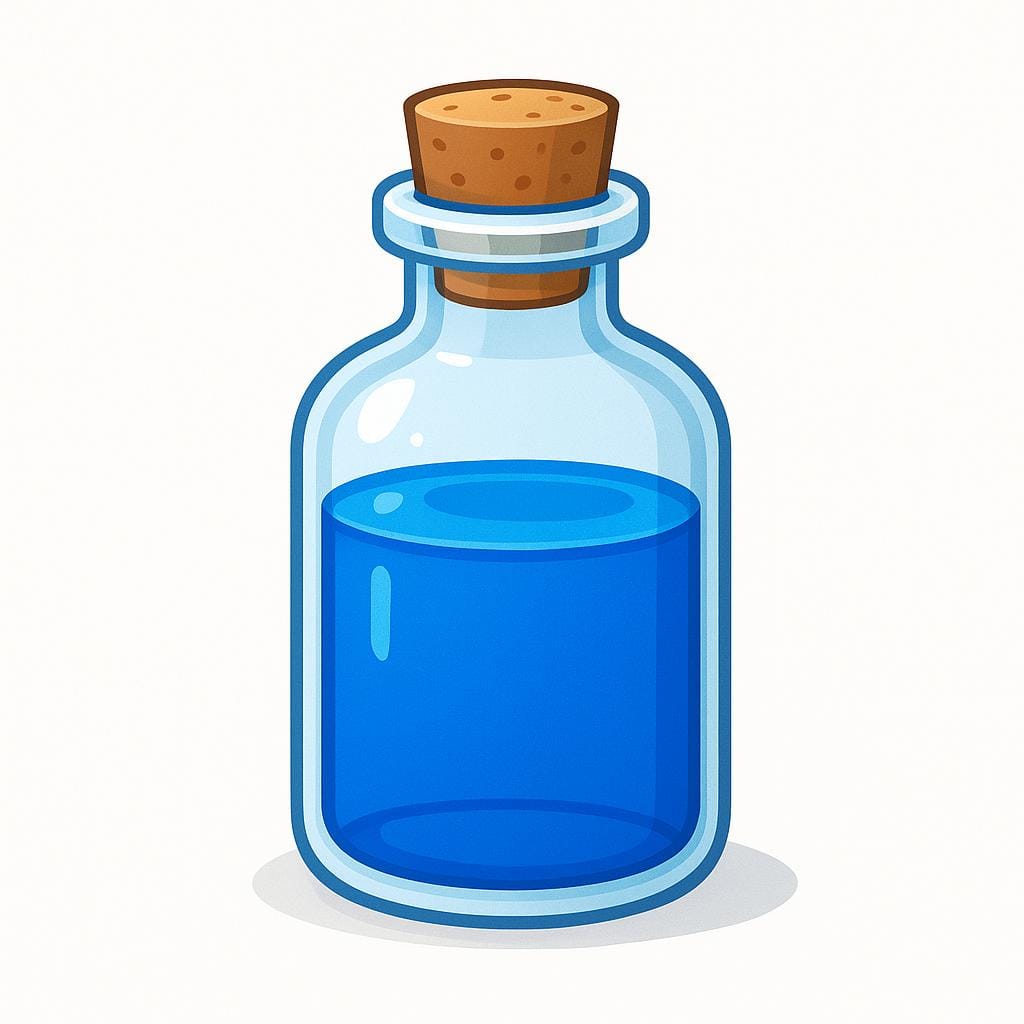 A simple, clear glass bottle standing upright, partially filled with bright blue liquid, and sealed with a brown cork.