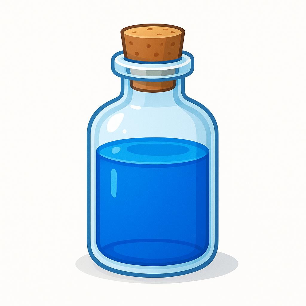 A simple, clear glass bottle standing upright, partially filled with bright blue liquid, and sealed with a brown cork.