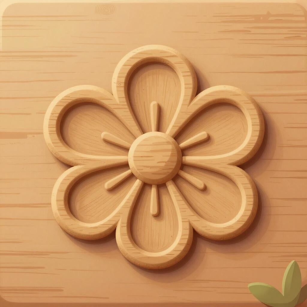 A close-up of a carved wooden panel showing raised floral patterns.