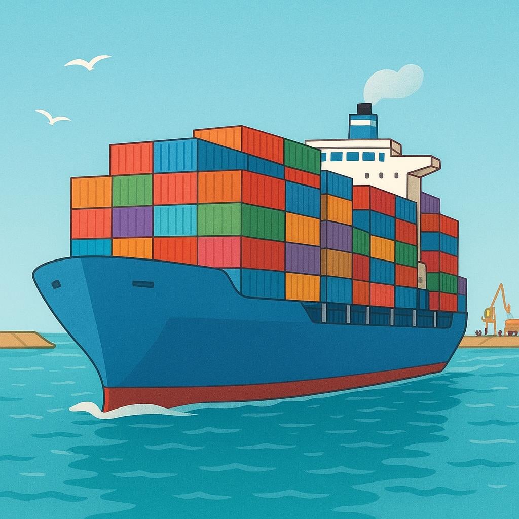 A large, blue cargo ship heavily loaded with colorful shipping containers sailing towards a busy dock.