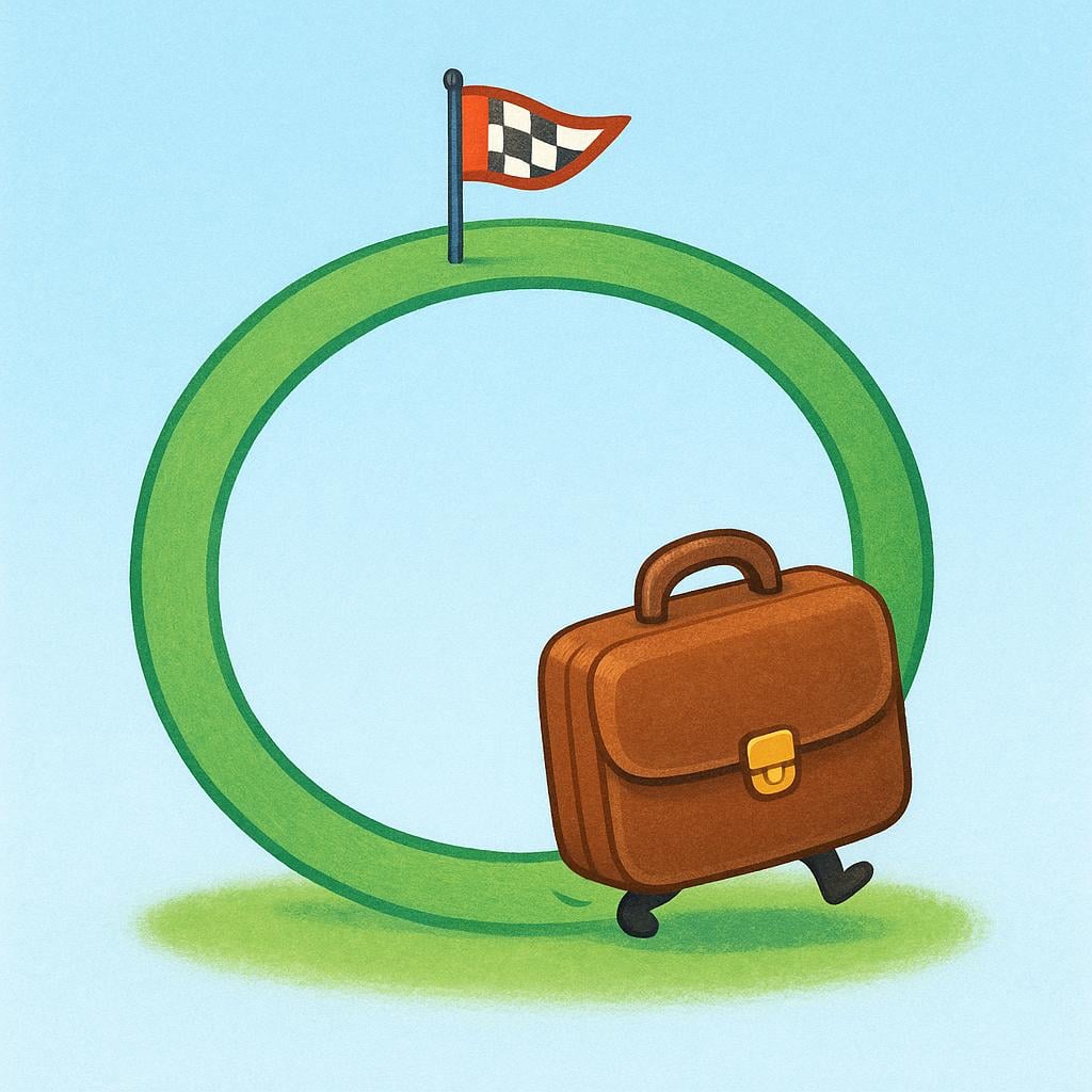 A simple graphic showing a small, brown briefcase following a circular green path that begins and ends at a stylized finish line flag, symbolizing a completed fiscal cycle.