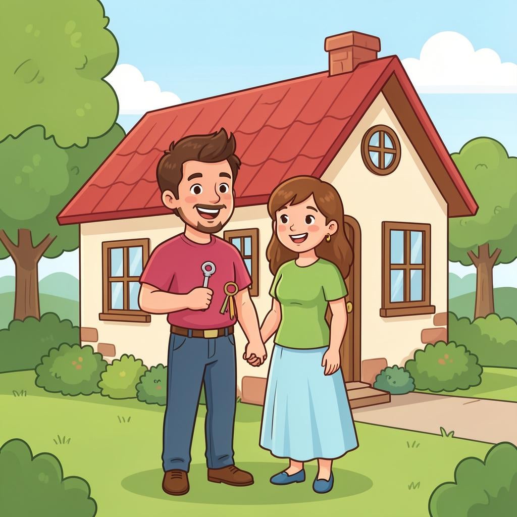 A happy man and woman standing proudly in front of a small house with a garden, holding a set of keys.