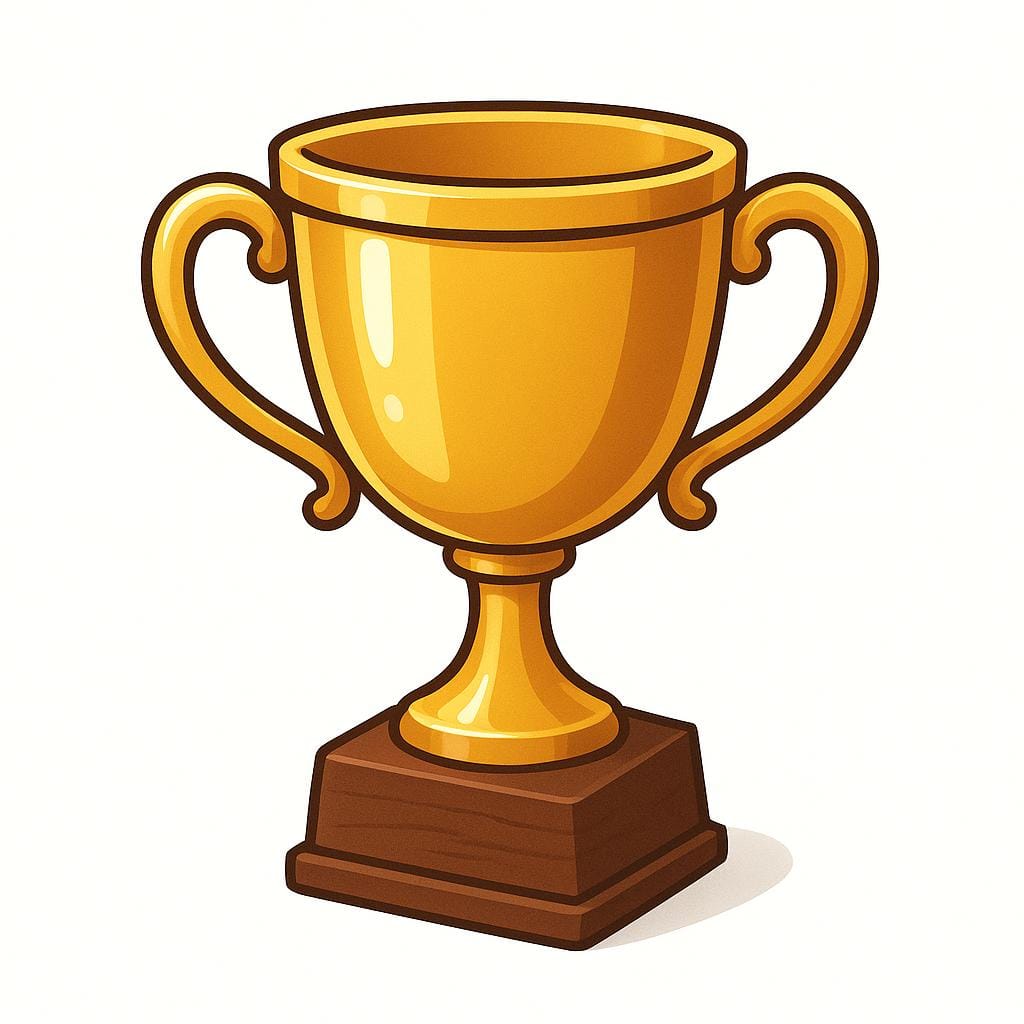 Een glimmende gouden trofee met twee hendels op een houten voetstuk.