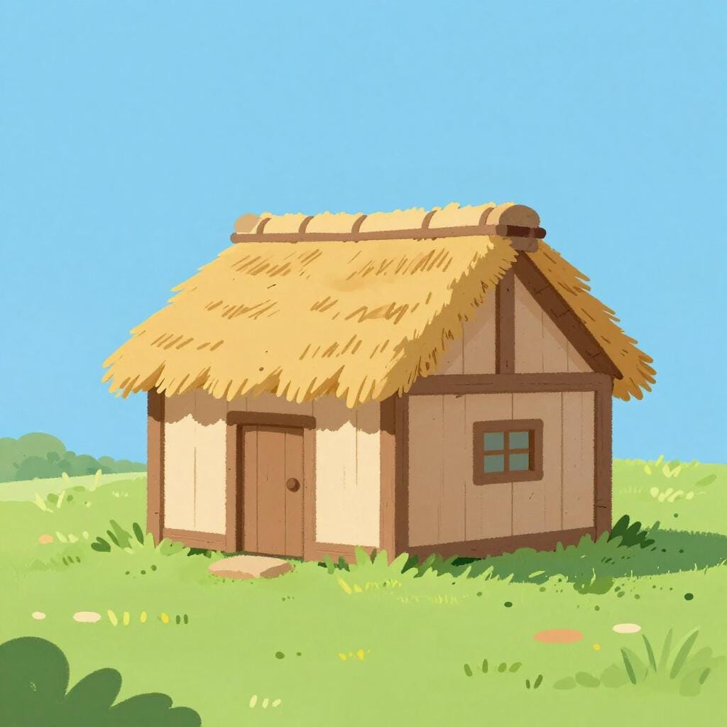 Une petite cabane simple en bois et en paille dans une clairière.