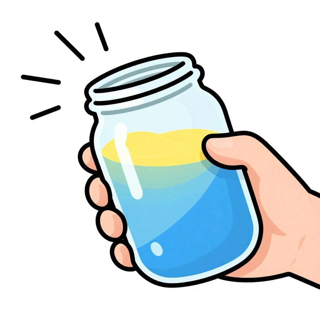 Een hand die een glazen fles met kleurrijke vloeistof schudt om het te mengen.