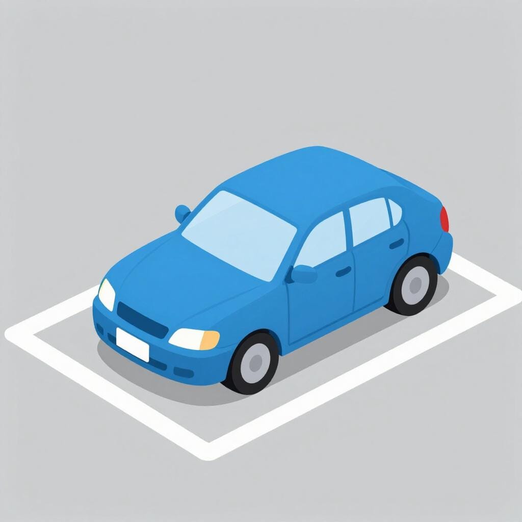 A blue car parked neatly between two white lines in a parking space.