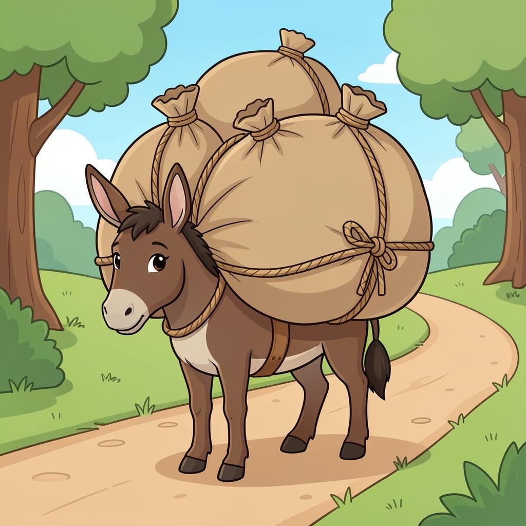 A heavy donkey carrying many large, colorful sacks on its back.