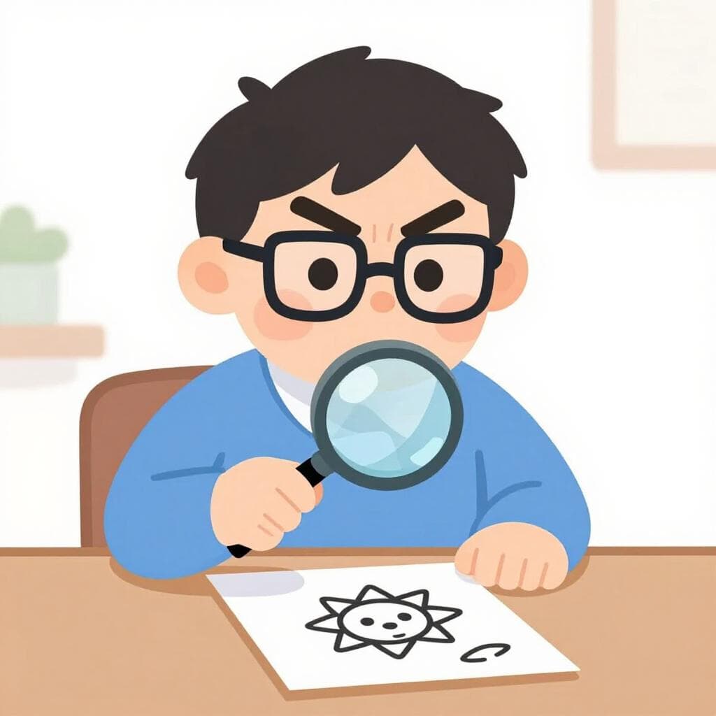 Um professor severo em uma sala de aula inspecionando cuidadosamente o trabalho de um aluno com uma lupa.