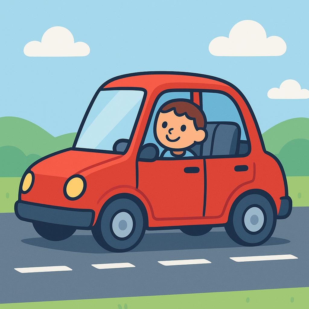 A simplified illustration of a happy passenger riding in a colorful car, being transported to a new location.