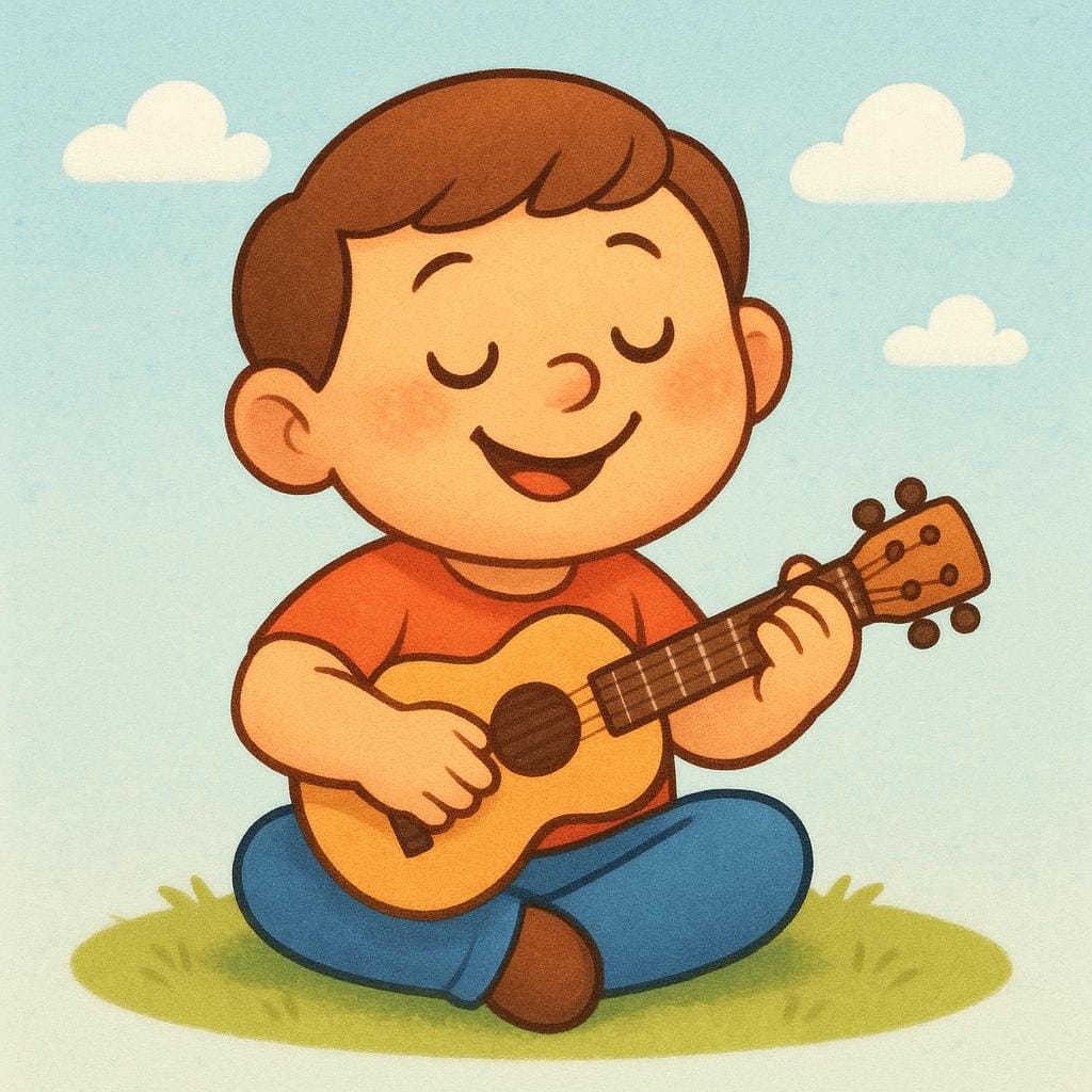 A happy cartoon child sitting down and strumming a small acoustic guitar.