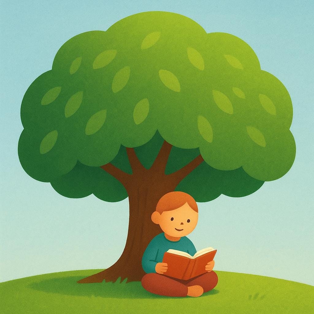 A person sitting peacefully under a large tree, engrossed in reading a book, symbolizing time spent in leisure.