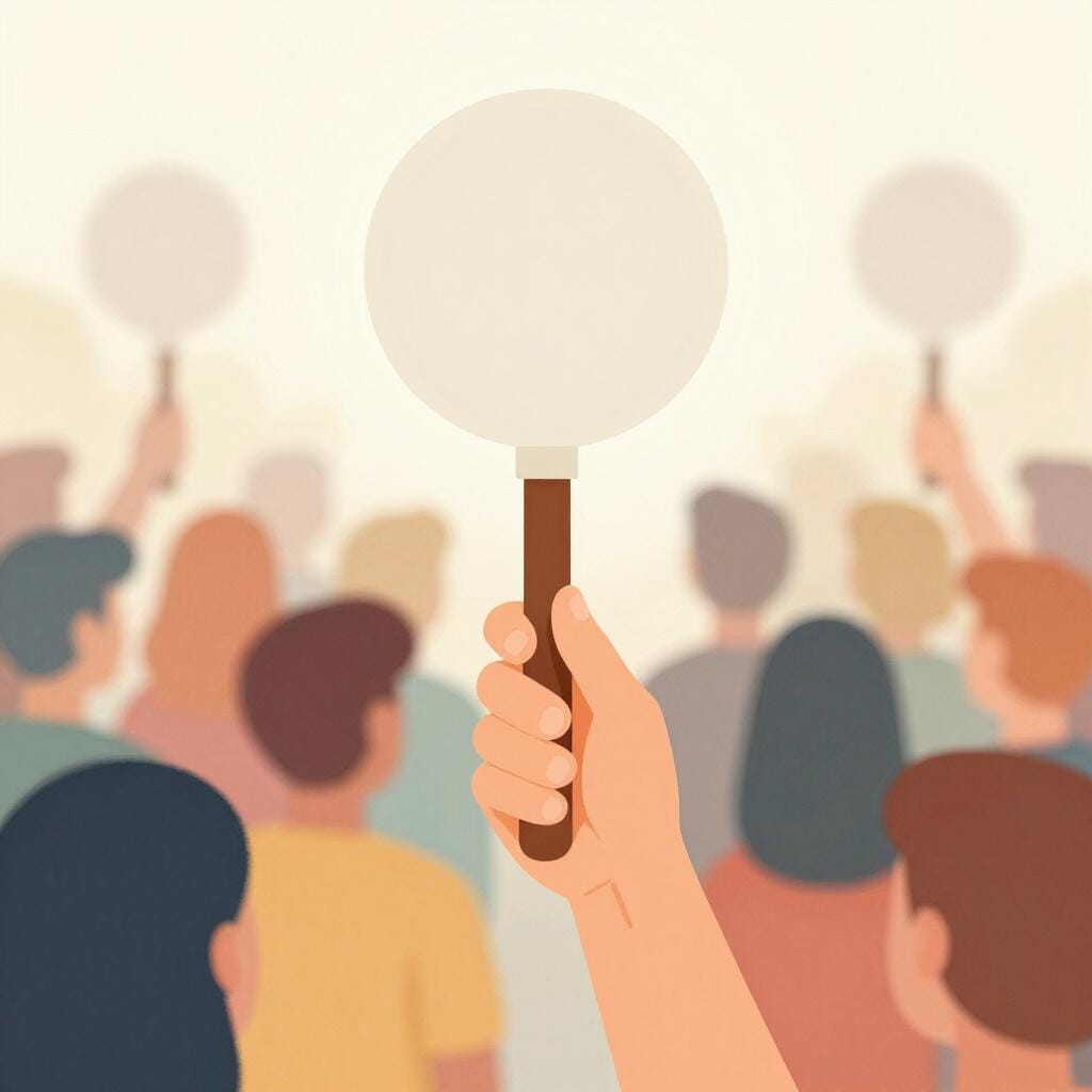 A person in a crowd raising a small wooden paddle with a hand.