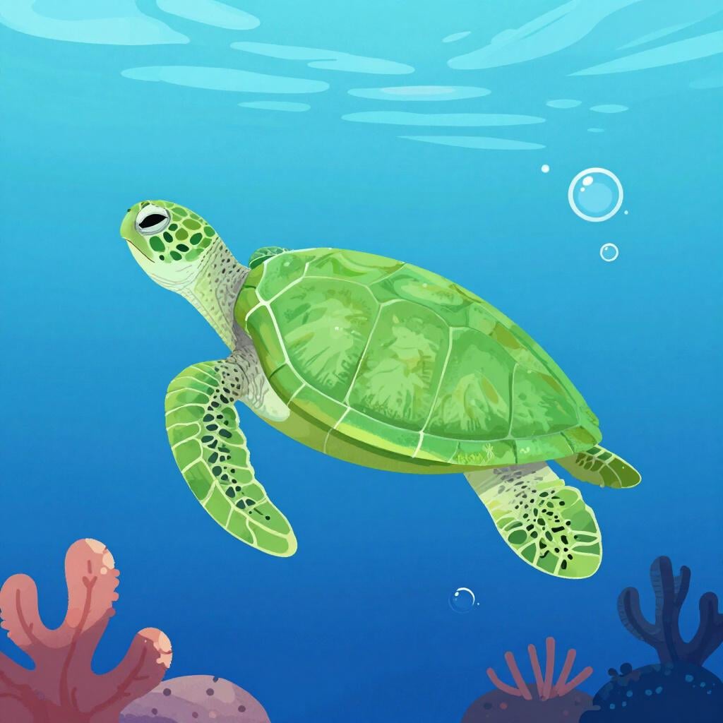 Eine grüne Schildkröte mit einem gemusterten Panzer schwimmt in klarem blauem Meerwasser.