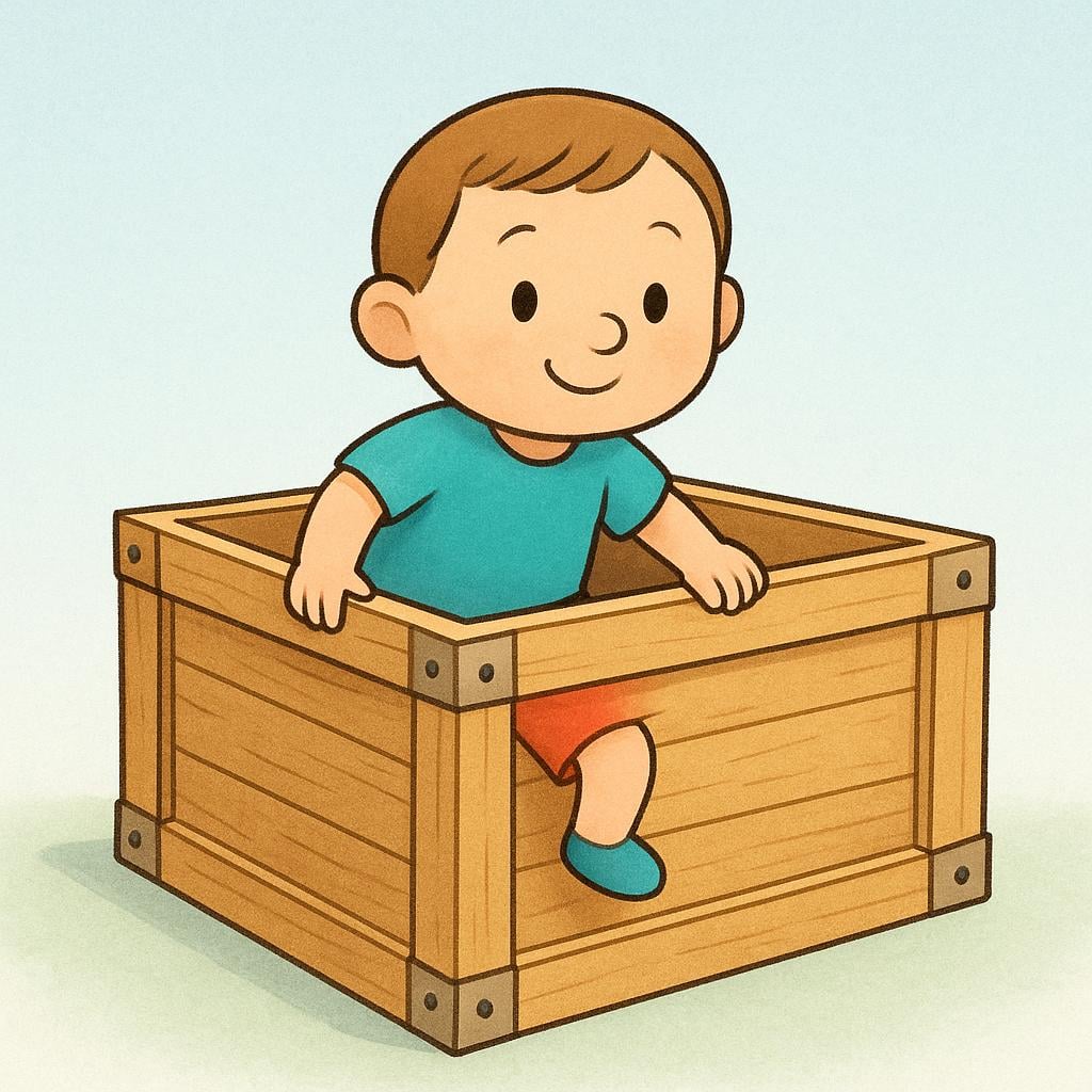 A small person is actively stepping into a large, open wooden crate, illustrating the physical act of getting in.