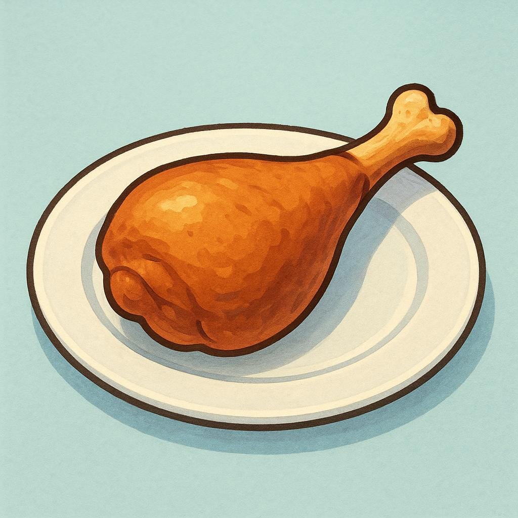 A storybook illustration showing a single, large, cooked chicken drumstick resting on a plain white ceramic plate.