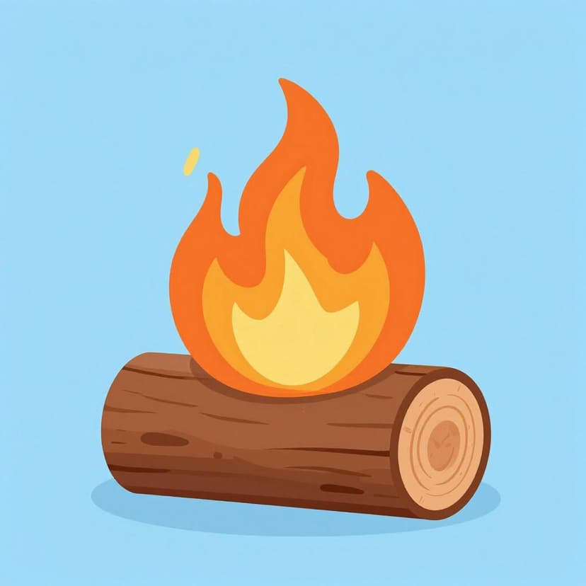 Ein dicker Holzscheit, auf dem helle orangefarbene und gelbe Flammen tanzen.