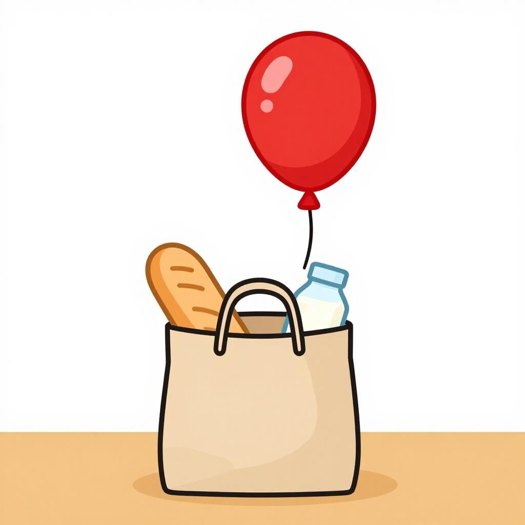 Une illustration colorée d'une personne portant un seul sac d'épicerie débordant d'articles très chers, tandis qu'un ballon flotte à proximité en grossissant.