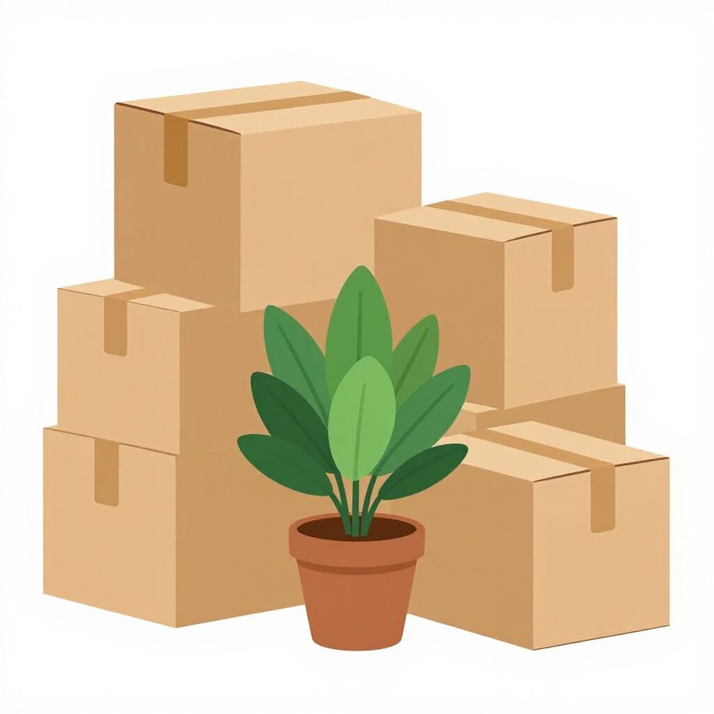 A stack of cardboard boxes and a small plant sitting on a wooden floor in a new room.